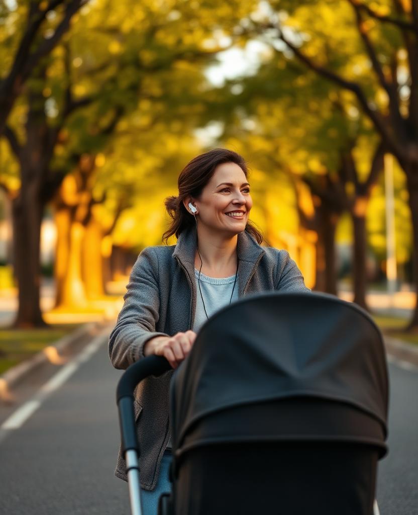 A mother listening to earbuds while pushing a pram through golden trees
