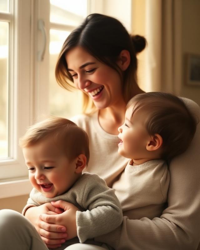 A mother holding her toddler in warm morning light