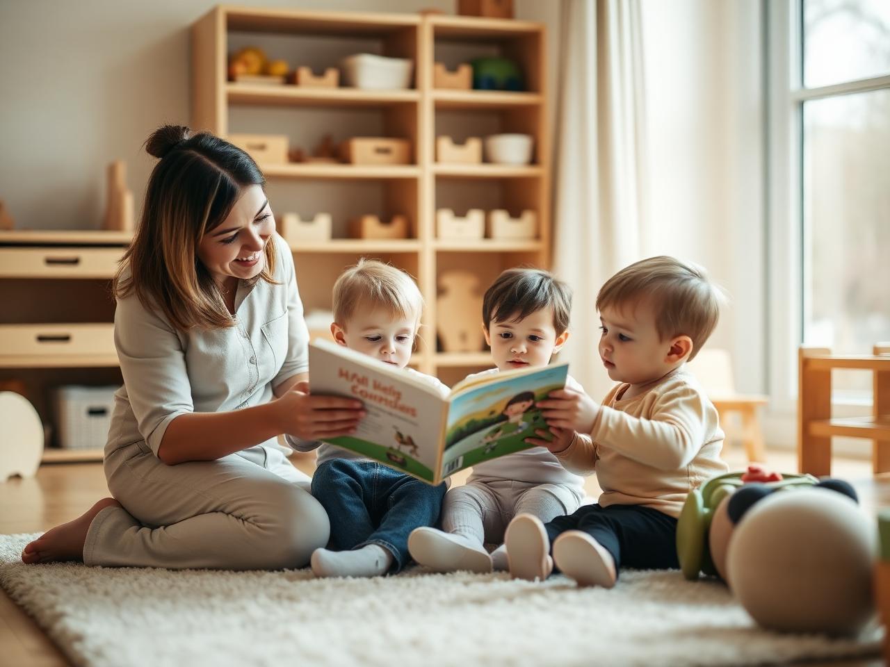 A nursery practitioner reading a picture book with three toddlers on a rug